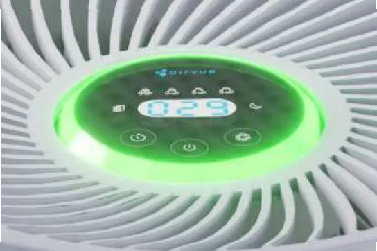 The display sits at the centre of the outlet grille, with the three touch controls on the front rim. The ring around the display changes colour with air quality.
