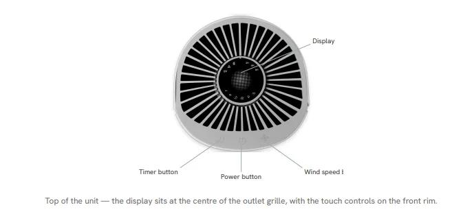 Top of the unit controls - Timer button, Power button, Wind speed button and central display