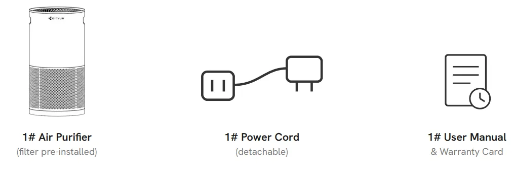 1# Air Purifier (filter pre-installed), 1# Power Cord (detachable), 1# User Manual & Warranty Card